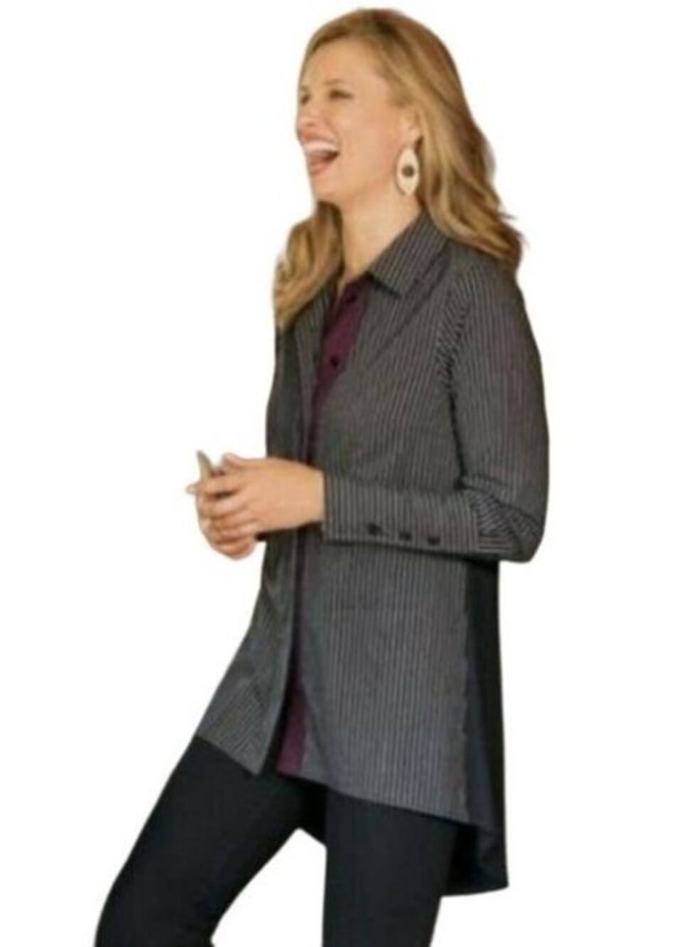 Soft Surroundings Courtland Tunic Top Black Pin Striped Button Front Med